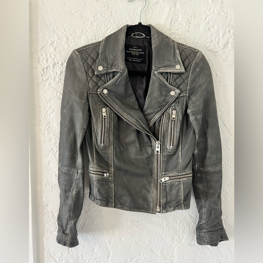 All Saints grey leather moto jacket